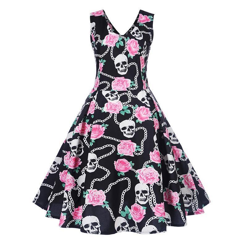 Skull Floral Art Print Vintage Suspender Dress