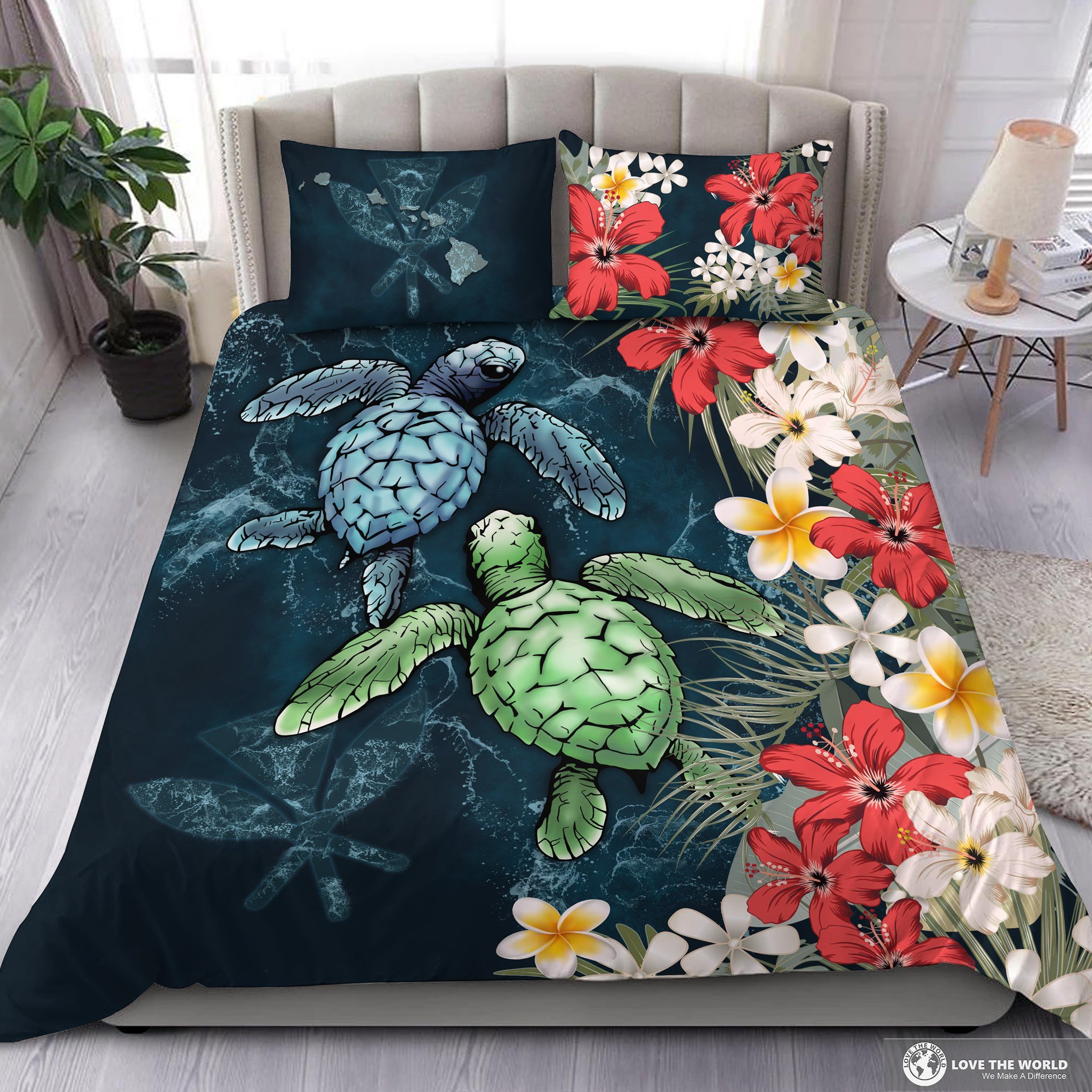 Kanaka Maoli Hawaiian Bedding Set Sea Turtle Tropical Hibiscus And